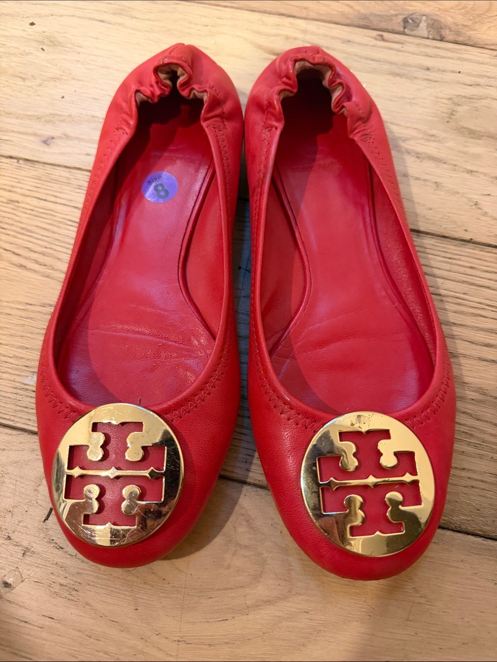 Tory Burch Red Leather Logo Ballet Flats with Gold Emblem - Size 8